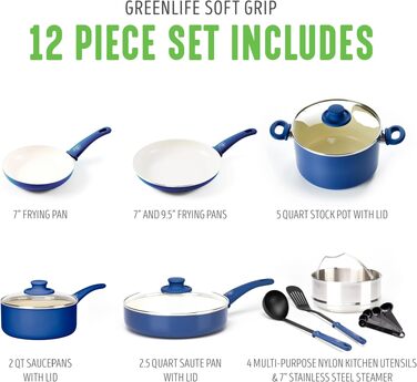 Набір посуду GreenLife Soft Grip Healthy Ceramic 12 предметів, антипригарне покриття, блакитний, без PFAS, для посудомийної машини
