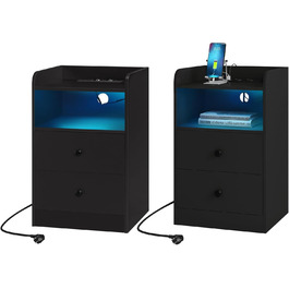 Приліжкові тумбочки WOLTU з LED-підсвіткою, USB та розетками, комплект 2 шт., з шухлядами і відкритою полицею, для спальні, чорні