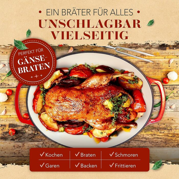 Каструля-гусятниця KRUSTENZAUBER 37,5 см з кришкою, чавунна, 10 л, для духовки та індукції, овальна, з м'ясною виделкою