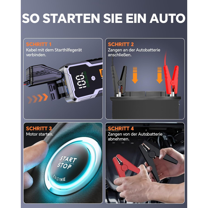 Бустерний пускач CARHEV 7000A для авто 12В (до 10.0L бензин/дизель), Powerbank з QC 3.0 USB та LED-ліхтарем