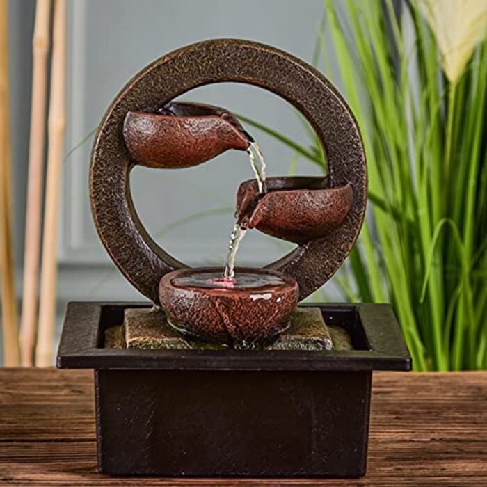 Декоративний кімнатний фонтан Zen'Light Zen Terai з LED підсвічуванням, природний водограй, тиха робота, 17x21x25 см