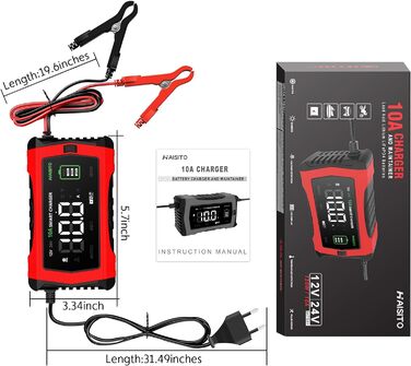 Інтелектуальне зарядне пристрій для акумулятора Haibito 12V/24V 10A з LCD-дисплеєм, для автомобіля