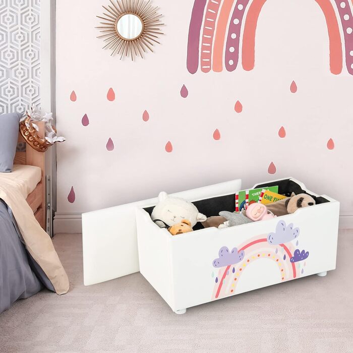 Дитяча ігрова скриня для іграшок COSTWAY з м'якою кришкою, універсальна коробка для зберігання з ракетами та планетами, біла, для дитячої кімнати, вітальні, садочка