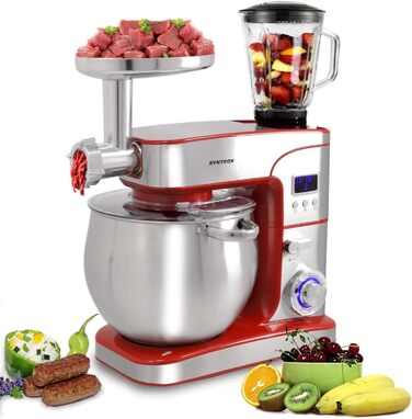Кухонна машина Syntrox Germany Snofru, 12 л, нерж. сталь, м’ясорубка, багатофункціональний міксер, 2000 Вт, червона