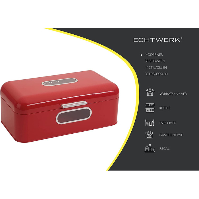 Металевий хлібниця Echtwerk Retro з віконцем, червона, 42,5x23,8x17 см, компактна коробка для зберігання хліба з кришкою