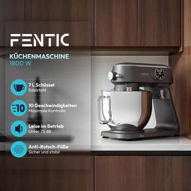 Планетарний міксер Küchenmaschine 1800Вт, чаша з нержавіючої сталі 7л, тістоміс для хліба та піци, 10 швидкостей з таймером, набір насадок та захист від бризок, сірий