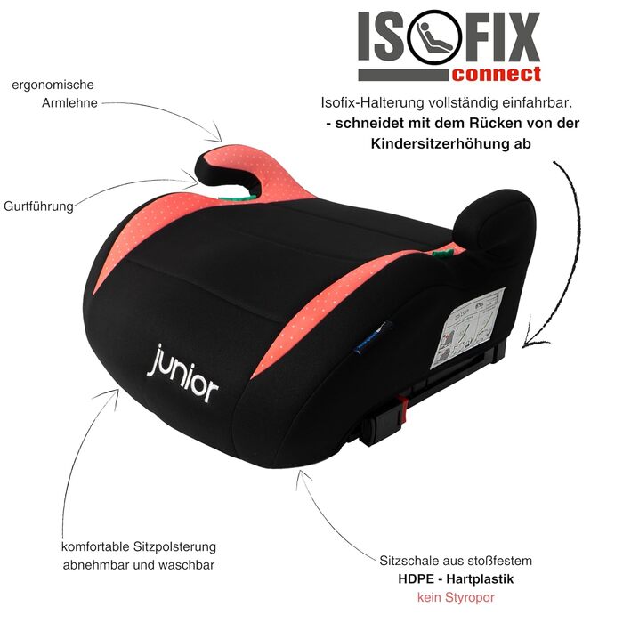 Дитяча автопідставка PETEX Max Plus з Isofix, i-Size ECE R129, для дітей 7-12 років, зріст 125-150 см, сидіння-підвищувач, рожевий