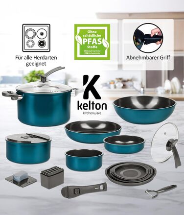Набір каструль і сковорідок Kelton 3-в-1 з кришками та овочерізкою, 27 предметів, антипригарне покриття, без PFOA і PTFE, знімна ручка