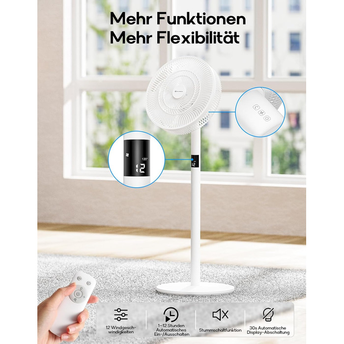 Вентилятор підлоговий MYCARBON DC мотор, надтихий (20дБ), LED дисплей, 12 швидкостей, пульт, 60/90/120° осциляція, таймер 12 год, 14 дюймів, для кімнати до 20 м²