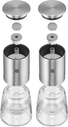 Набір млинків для солі та перцю WMF De Luxe, 2 шт., керамічний механізм, нержавіюча сталь Cromargan та скло, регулювання помолу