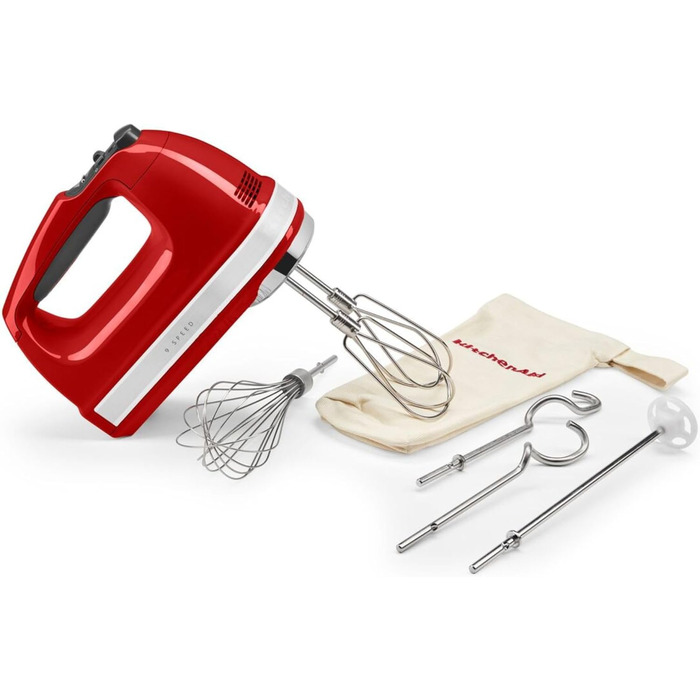 Міксер ручний KitchenAid 9 швидкостей, червоний Empire Red: з вінчиками, гаками для тіста та насадкою, 85 Вт, Soft-Start, LED-дисплей