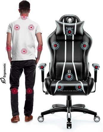 Ігрове крісло Diablo X-One 2.0, ергономічне, регульовані підлокітники, подушки для шиї та попереку, офісне крісло для геймерів, чорне-біле, розмір L, функція гойдання