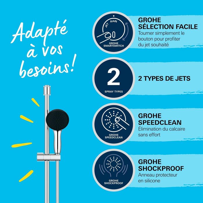 Набір для душу GROHE Vitalio 110, хром, 14 л/хв, зі змінними струменями, 60 см, для кріплення без свердління або свердління