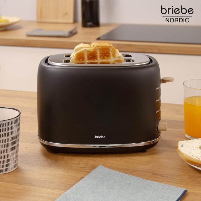 Тостер Briebe Nordic Set 2-слотовий з широкими прорізами, підставка для булочок, 6 режимів + Електричний чайник 1.7л 2200Вт, швидке нагрівання, без BPA, набір для сніданку, чорний