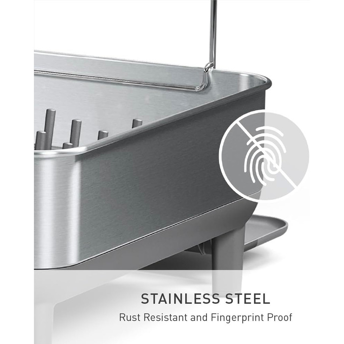 Підставка для посуду simplehuman KT1181 з піддоном та тримачем для столових приборів, велика, сіра, матова нержавіюча сталь
