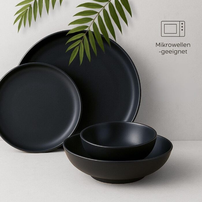 Набір посуду Twinzee Ebony Collection 24 частини: чорні тарілки та чашки з кераміки (стеінгуту) для 6 осіб