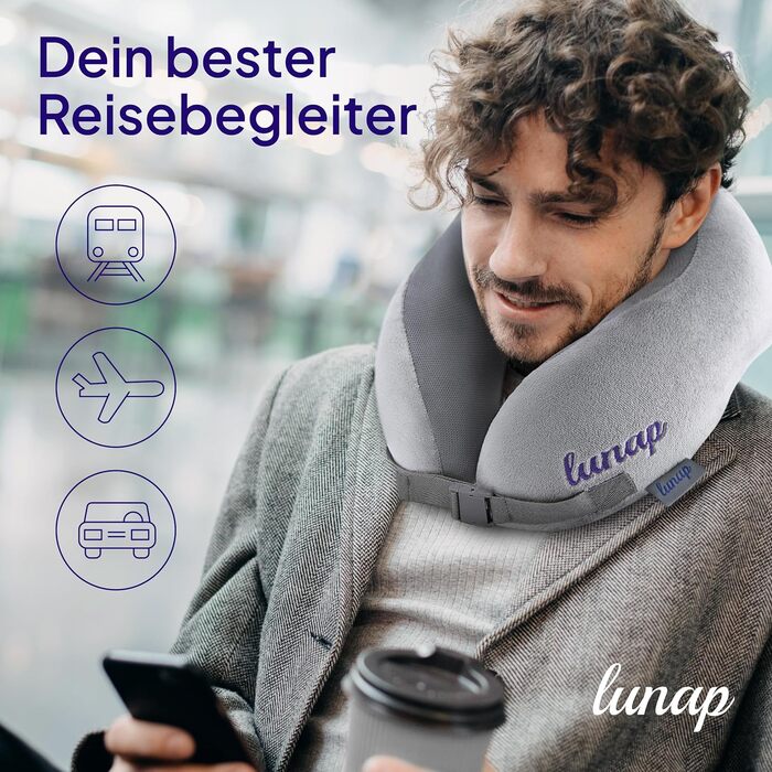 Дорожня подушка для шиї Memory Foam lunap, сіра, ортопедична, для літака та авто, знімний чохол