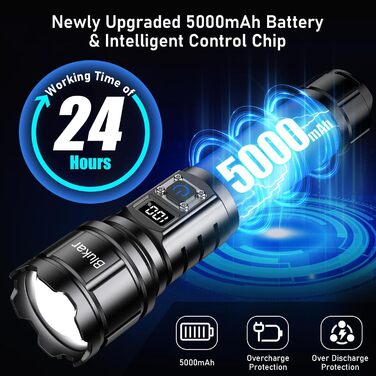 Ліхтарик Blukar LED, USB-C, 500000 люменів, надяскравий, тактичний, зум, 5 режимів, IP67, водонепроникний, для кемпінгу та екстрених ситуацій, чорний