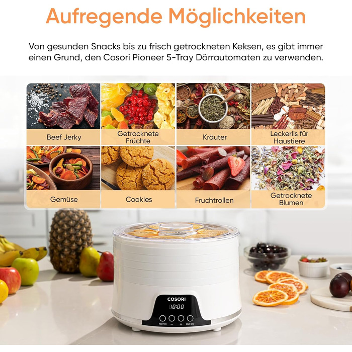 Дегідратор Cosori Food Dehydrator, сушарка для овочів та фруктів, 650 Вт, 5 лотків, таймер на 48 год, діапазон температур 35-75°C, білий