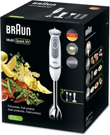 Блендер Braun MultiQuick 5 Vario MQ 5207WH, 1000 Вт, з насадками, нержавіюча сталь, білий/сірий