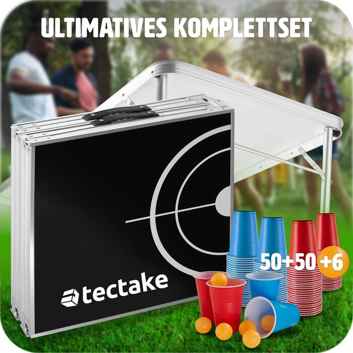 Стіл для Beer Pong tectake, складаний, висота регулюється, з ручками, набір 100 стаканів (50 червоних, 50 синіх) та 6 м'ячів, ігровий стіл для вечірок, пивний понг для дорослих