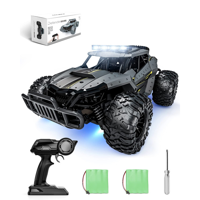 Радіокерований позашляховик Tecnock 1:16 з підсвічуванням, 2.4GHz RC Monstertruck, 2 акумулятори (60 хв роботи) - іграшка для дітей та дорослих, сірий