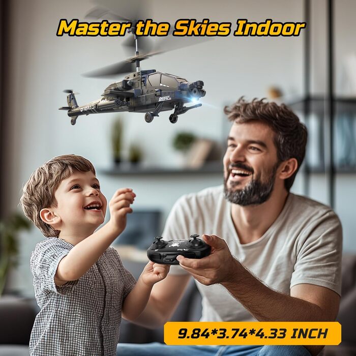 Радіокерований вертоліт DEERC Apache 2.4GHz, 2 акумулятори, 26 хв польоту, LED, стабілізація висоти, автоматичний зліт, чорний – ідеальний подарунок для хлопчиків
