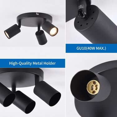 Стельовий світильник-спот ANWIO LED на 3 лампи GU10, поворотний, круглий, чорний — сучасна люстра для кухні, спальні та вітальні (без ламп), EUS-EA190811-10-03CB