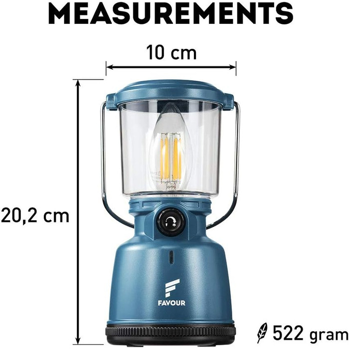 Favour Retro LED ліхтар для кемпінгу, акумуляторний, водонепроникний IP64, з диммером і режимом свічки, синій, ударостійкий, підвісний, знімний абажур, акумулятор у комплекті