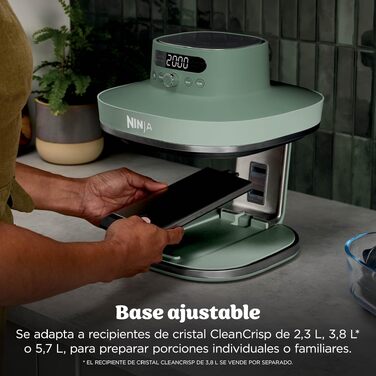 Скляна аерофритюрниця Ninja CRISPi PRO XL Air Fryer з 5 функціями, контейнерами CleanCrisp (5,7 л та 2,3 л) та кришкою для зберігання, колір моховий зелений, AS090EUGN