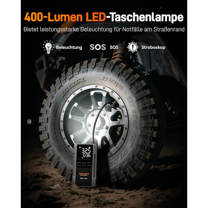 WOLFBOX 4000A: Пускозарядний пристрій з компресором 160PSI, 12V, 65W, 88.8Wh, для бензинових/дизельних двигунів 10L, LED-ліхтар, кабелі для пуску