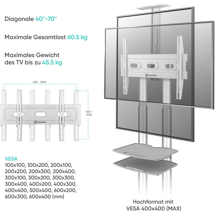 Мобільна TV стійка ONKRON TS1552-W для телевізорів 40-70 дюймів, до 45,5 кг, біла, регульована висота, 2 полиці, на колесах, VESA 600x400