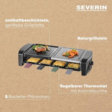 Ракле-гриль SEVERIN RG 9645 з натуральним каменем та антипригарною пластиною, на 8 осіб, 1400 Вт, нержавіюча сталь, чорний