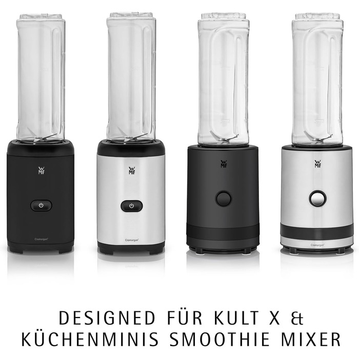Міксер-блендер WMF Küchenminis Smoothie-to-go, стаціонарний потужний блендер 300 Вт з двома пляшками-чашами по 0,6 л, матова нержавіюча сталь, сріблястий