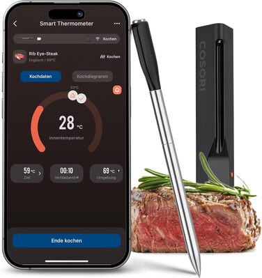 Термометр для м'яса COSORI Smart - бездротовий, Bluetooth, для фритюрниці, приготування на грилі та духовці, чорний