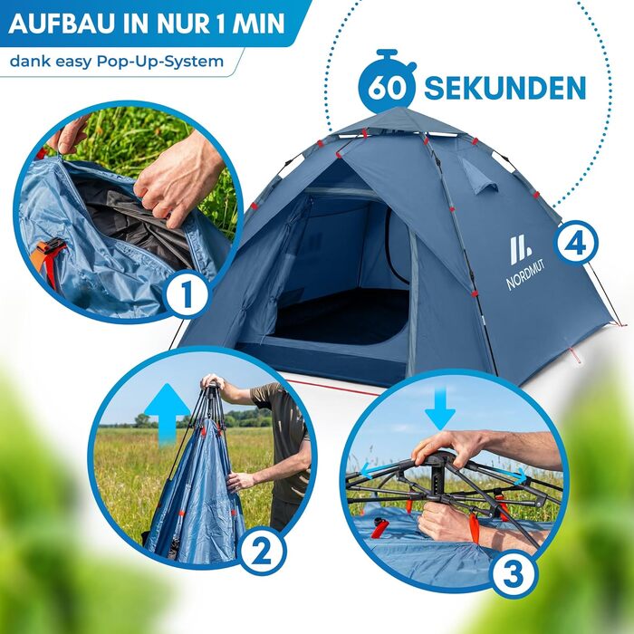 Намет автоматичний NORDMUT Pop Up для 2-4 осіб, водонепроникний кемпінговий намет з UV-захистом та вентиляцією, синій