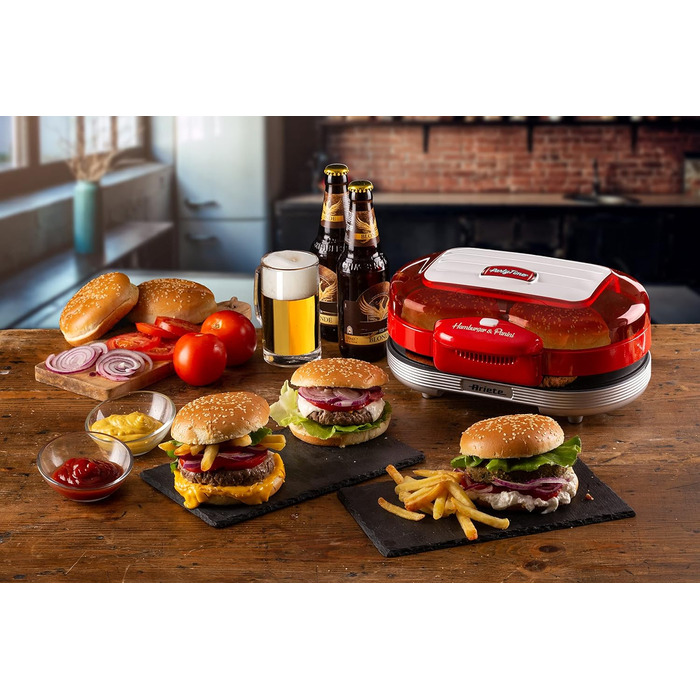 Ariete Hamburger Maker Party Time 205 – електричний сендвіч-мейкер та гриль з антипригарними пластинами, 1200 Вт, для бургерів, червоний