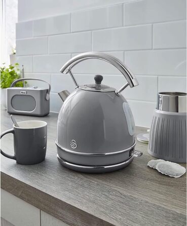 Електрочайник Swan Retro 1,8 л, 3000 Вт, вінтажний дизайн, Strix, бездротовий, BPA-free нержавійка, сірий