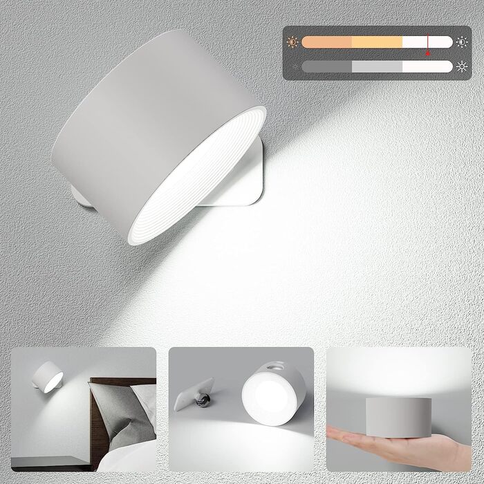 Aourow LED настінний світильник на батареї, акумуляторний, з USB-зарядкою, сенсорним керуванням, 3 режимами світла і яскравості, бездротова лампа для читання в спальні, білий