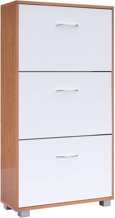 Шафа для взуття Casaria® на 18 пар, вузька, 115x60x25 см, 3 дверцята, дерев'яна, закрита, з фіксацією від перекидання, для прихожого/коридору, колір бук/білий