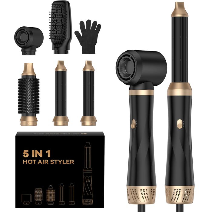 UMIGA Airstyler 5 в 1: Фен-щітка, обертова щітка, плойка та випрямляч для волосся 1000W, 3 режими нагріву, чорно-рожевий