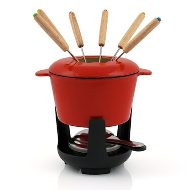Набір для фондю BBQ-Toro з чавунного казана на 6 осіб, 1 л, 13 предметів: з пальником та вилками, емальований (Червоний/Кремовий) — для сиру, м'яса та шоколаду