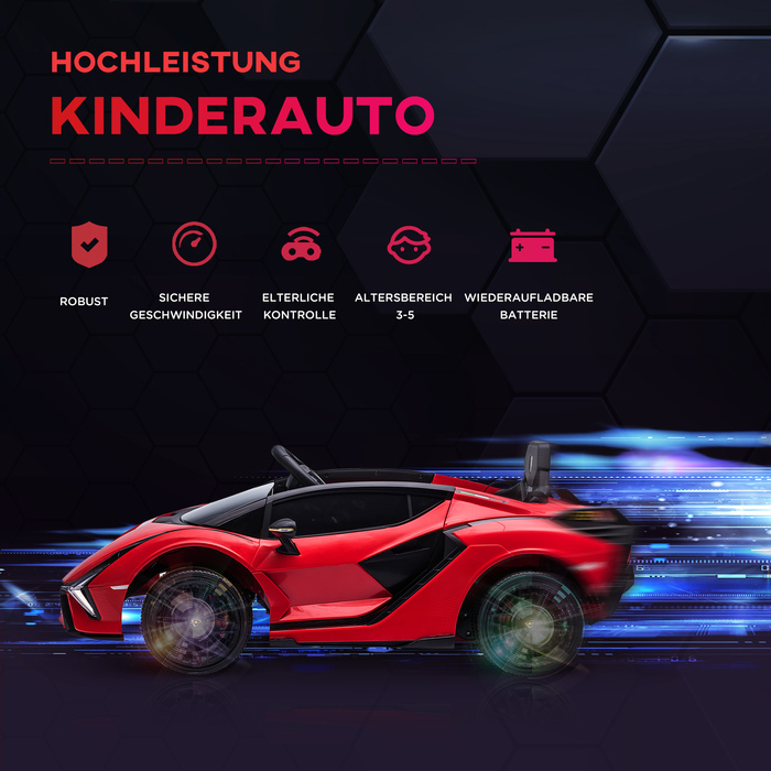 Дитячий електромобіль 12V, 2 режими руху, Lamborghini Sian SUV, іграшковий електромобіль з пультом дистанційного керування, музикою (MP3/USB), світлом, для дітей 3-5 років (37-60 місяців), металевий, червоний, розміри: 108 x 62 x 40 см
