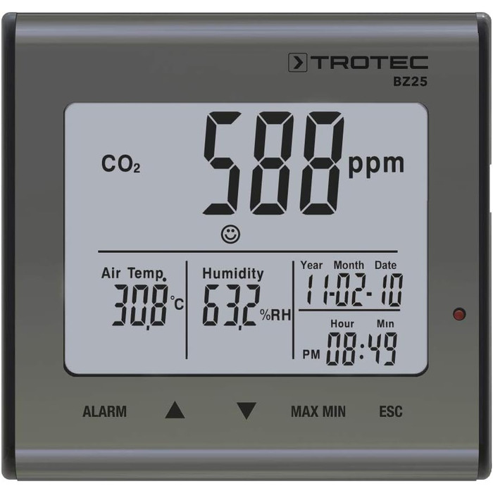 Вимірювач CO2 Trotec BZ30 – монітор якості повітря, вологості та температури, діапазон вимірювання 0-9999 PPM, похибка ±75 PPM + 5%, даталогер на 50 000 вимірювань
