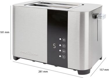 Тостер ProfiCook 2-складовий, нержавіюча сталь, 850 Вт, широкий слот, знімна насадка для булочок, 7 режимів підсмажування, сенсорне управління, лоток для крихт, PC-TA 1250