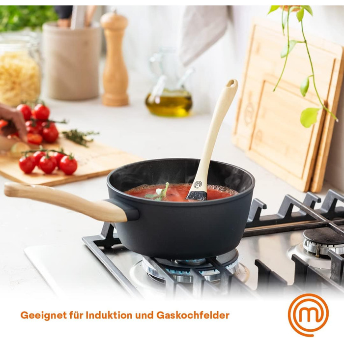 Каструля MasterChef 18 см з кришкою, алюмінієва, індукційна, антипригарна, чорна, дерев'яна ручка, для пасти та супу, підходить для всіх плит, набір каструль і сковорідок, колекція Natural