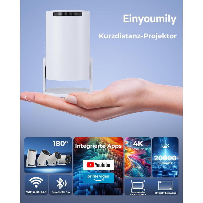 Mini проектор 4K Beamer з Android 14, WiFi 6 та Bluetooth 5.4 – 20000 Люмен, Автокорекція трапеції, Портативний кінотеатр для дому (білий, 15x11x18 см)