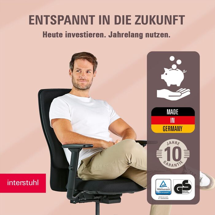 Ергономічне офісне крісло Interstuhl SMART Soft, синхромеханізм, 4D-підлокітники, підтримка попереку, чорне, Made in Germany