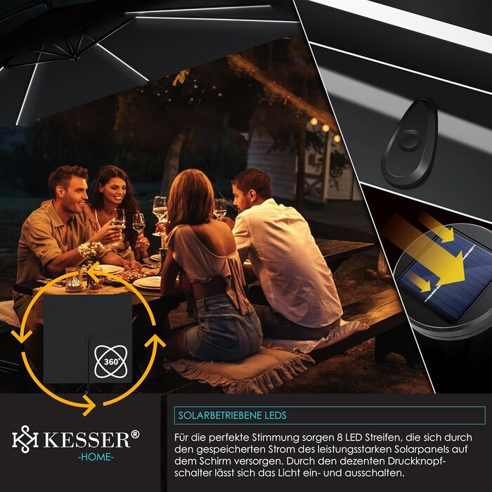 Парасолька для саду KESSER Holly з LED-підсвіткою, прямокутна, сонячна батарея, чорна, алюмінієва, водовідштовхувальна, з чохлом і фіксацією, діаметр 350 см, UV-захист, з ручкою-кривошипом і стійкою