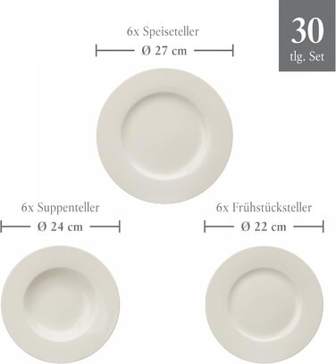 Villeroy & Boch vivo Basic White набір посуду 30 предметів, білий, преміум порцеляна, для сервірування столу, підходить для посудомийної машини та мікрохвильової печі, тарілки, чашки, кераміка, сервіз